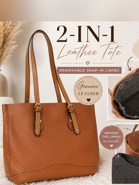 Genuine Leather Tote Bag w/Removable Snap-In Pouch 2-in-1 Minimalist Work Bag